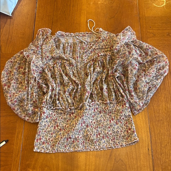 Free People Tops - Free People Boho Beatrice Ditsy Floral Cropped Smocked Mesh Ruffle Top Blouse L